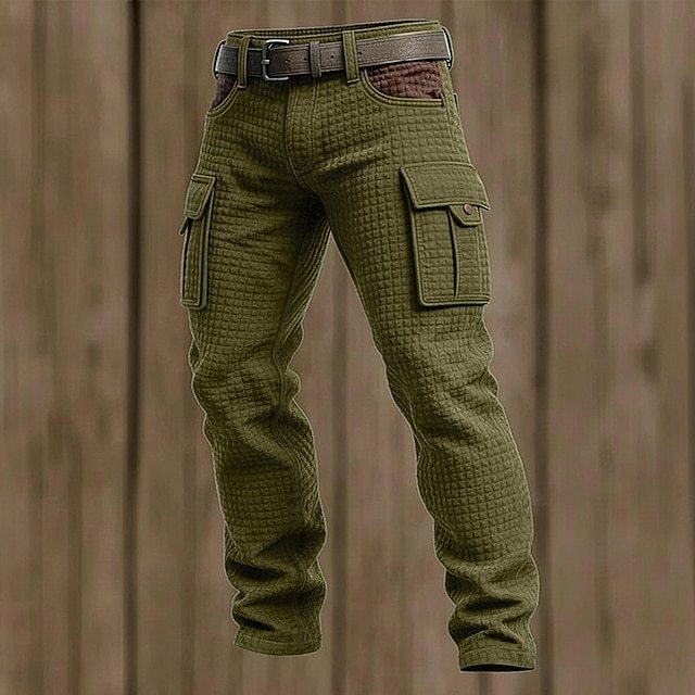 Men's Waffle Cargo Pants Trousers Casual Pants Patchwork Pocket Elastic Waist