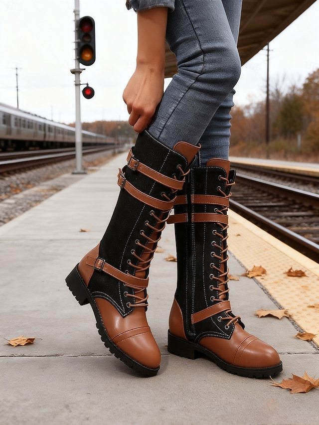  Women's Lace-Up Knee-High Boots - Brown Faux Leather Combat Boots with Buckle Straps