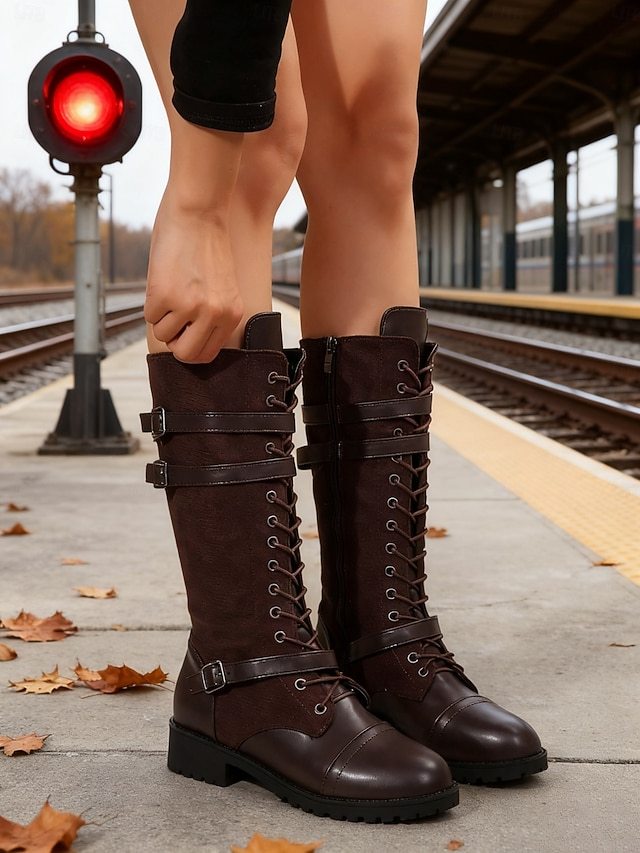  Women's Lace-Up Knee-High Boots - Brown Faux Leather Combat Boots with Buckle Straps