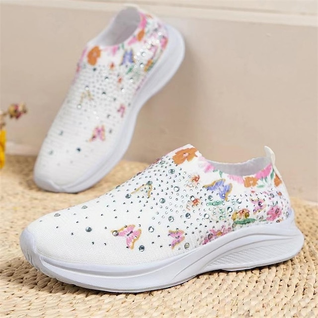 Women's White Slip-On Sneakers with Floral Print and Rhinestones for Casual Wear