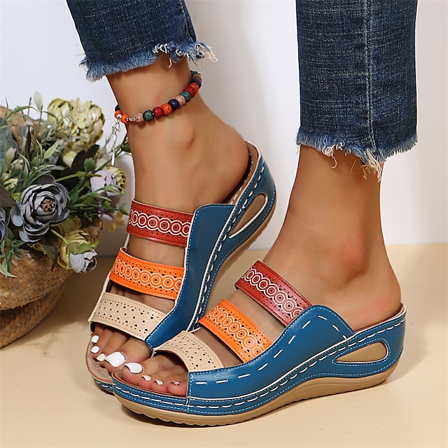 Bohemian Chic Women's Orthopedic Wedge Sandals - Vibrant Multi-Color Straps, Comfortable Arch Support, Trendy Summer Footwear