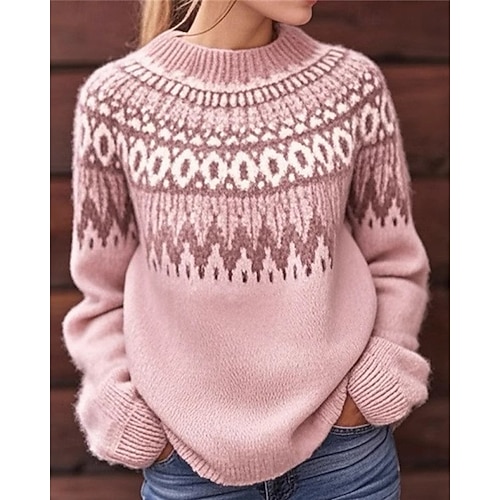Women's Sweater Pullover Sweater Jumper Casual Soft Geometric Color Block Ribbed Crew Neck Knitted Long Sleeve Regular Tops Knit Outdoor Daily Weekend Pink Blue Fall Winter
