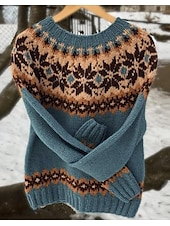 Women's Sweater Pullover Sweater Jumper Casual Soft Geometric Color Block Ribbed Crew Neck Knitted Long Sleeve Regular Tops Knit Outdoor Daily Weekend Pink Blue Fall Winter