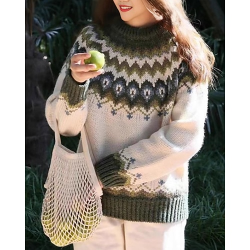 Women's Sweater Pullover Sweater Jumper Casual Soft Geometric Color Block Ribbed Crew Neck Knitted Long Sleeve Regular Tops Knit Outdoor Daily Weekend Pink Blue Fall Winter