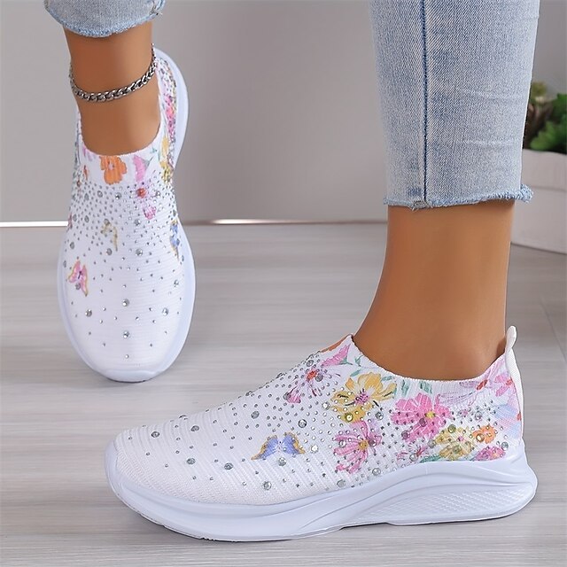Women's White Slip-On Sneakers with Floral Print and Rhinestones for Casual Wear