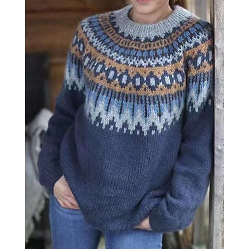 Women's Sweater Pullover Sweater Jumper Casual Soft Geometric Color Block Ribbed Crew Neck Knitted Long Sleeve Regular Tops Knit Outdoor Daily Weekend Pink Blue Fall Winter