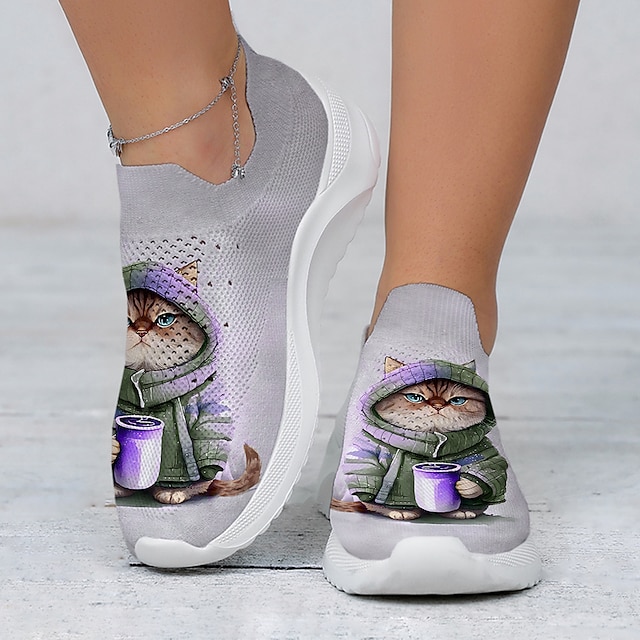 Women's Cute Cat Print Slip-On Sneakers