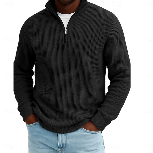 Men's Waffle Polo Shirts Outdoor Causal Fashion Modern Solid Color Textured Knitted Fall & Winter