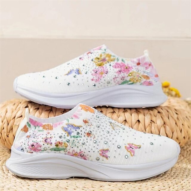 Women's White Slip-On Sneakers with Floral Print and Rhinestones for Casual Wear