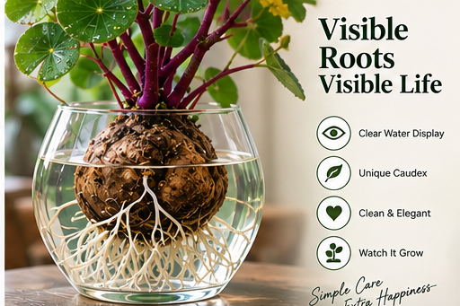 Red Rattan Stephania Erecta visible caudex roots in glass water container