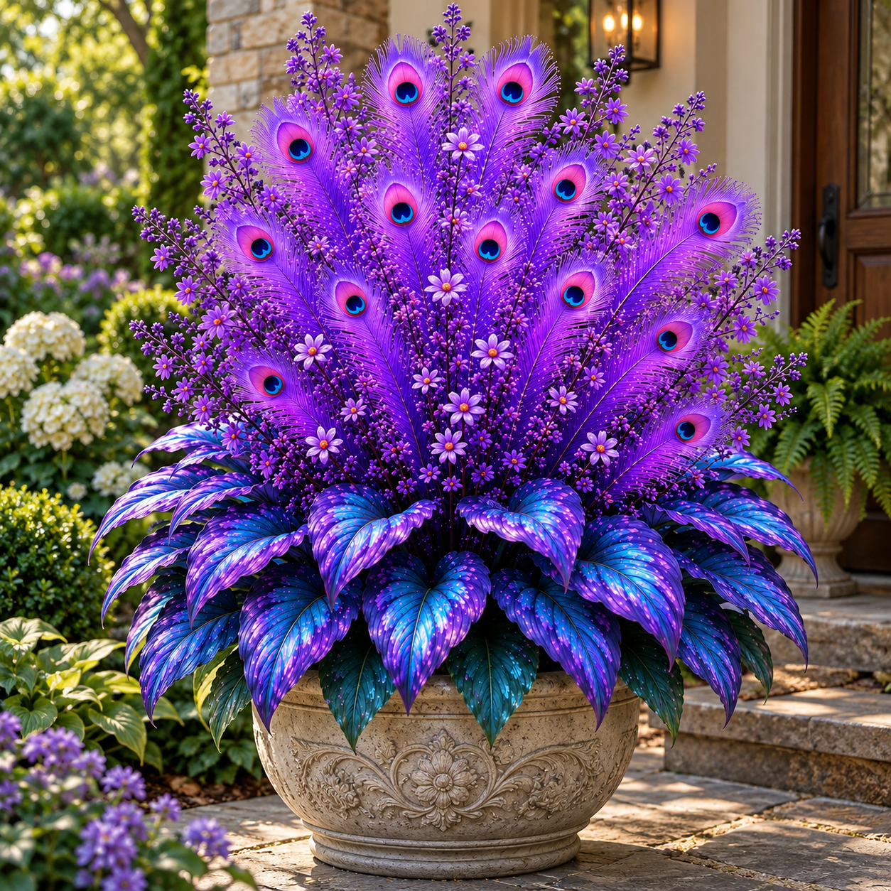 Mature Peacock Flame Hosta growing in a porch container