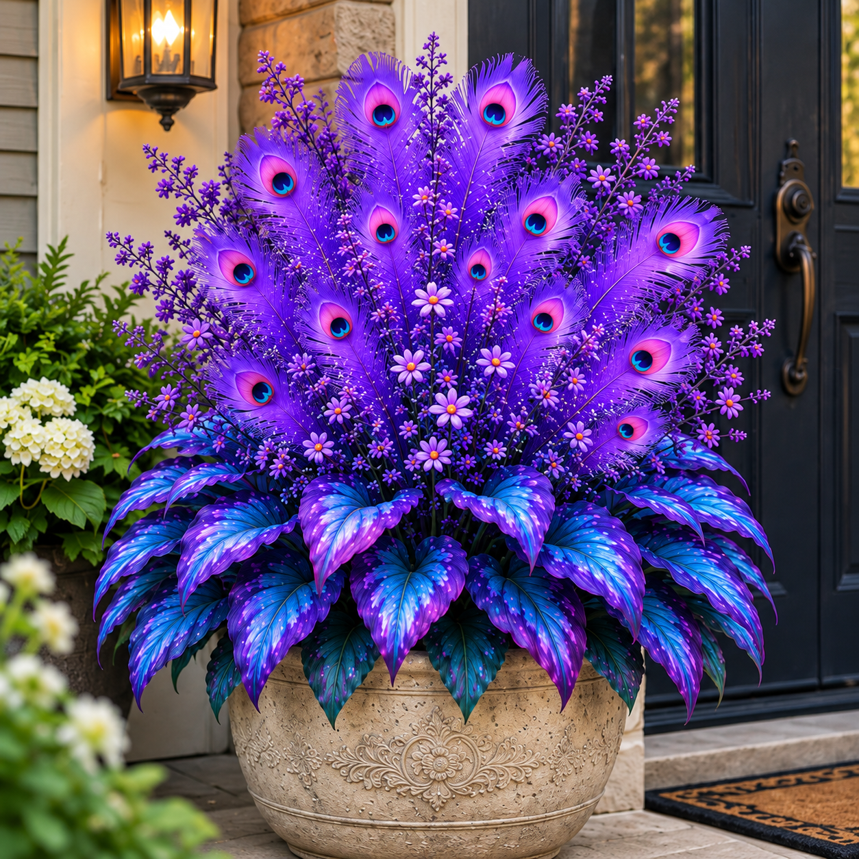 Peacock Flame Hosta in a front porch planter
