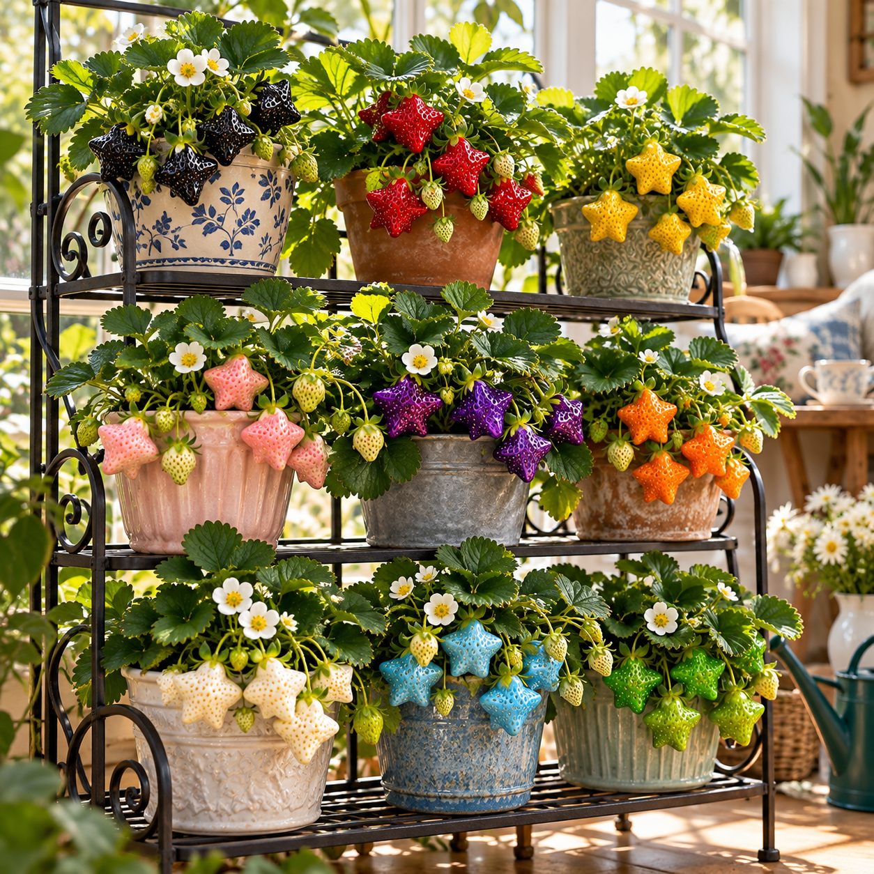 Star-shaped rainbow strawberry creative concept in a home planter