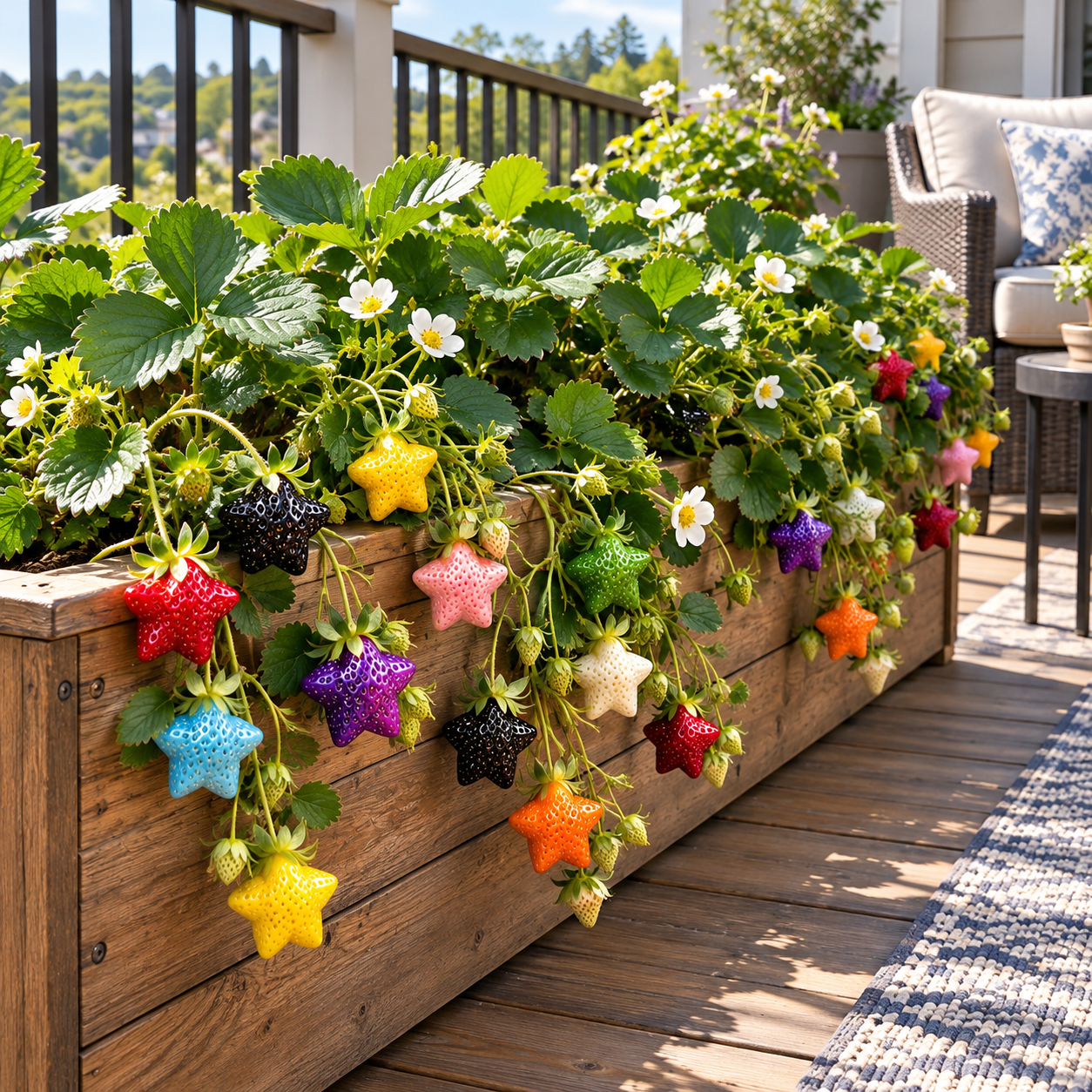 Colorful star strawberry concept in a patio garden