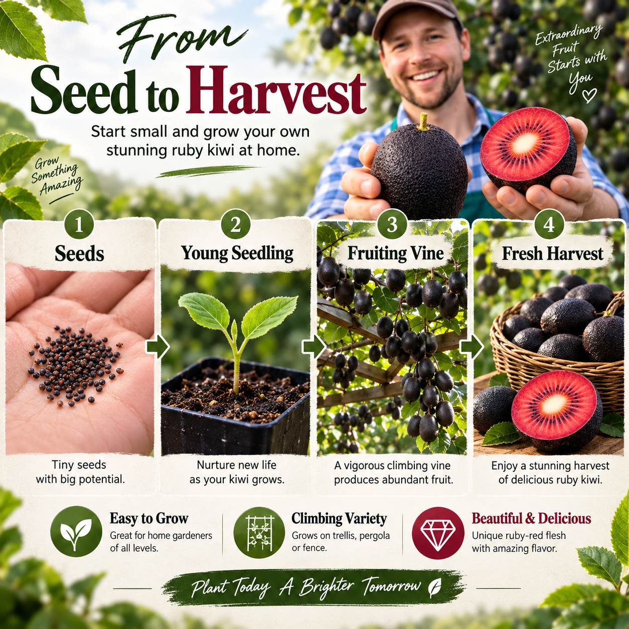 🥝Black Diamond Ruby Kiwi Seeds – Sweet, Nutrient-Rich & Easy to Grow at Home