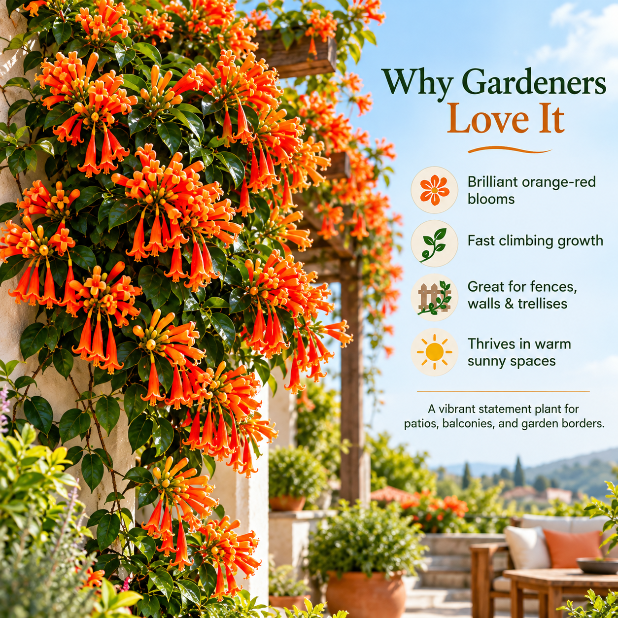 🧨 Firecracker Vine (Pyrostegia venusta) Climbing beauty, explosive blooms—perfect for walls & balconies!