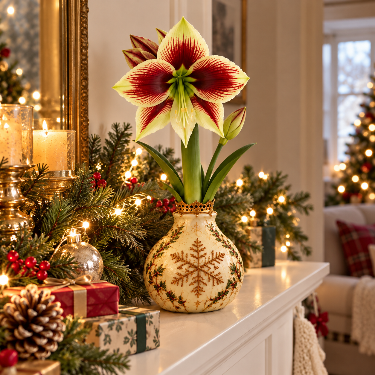 Striped Amaryllis beside Christmas mantel
