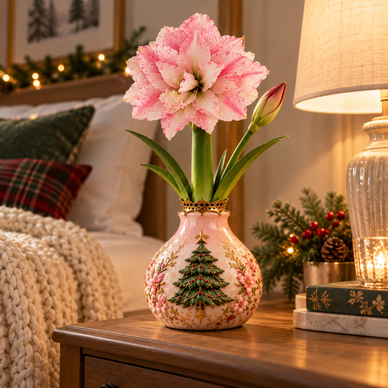 Pink double Amaryllis in a bedroom