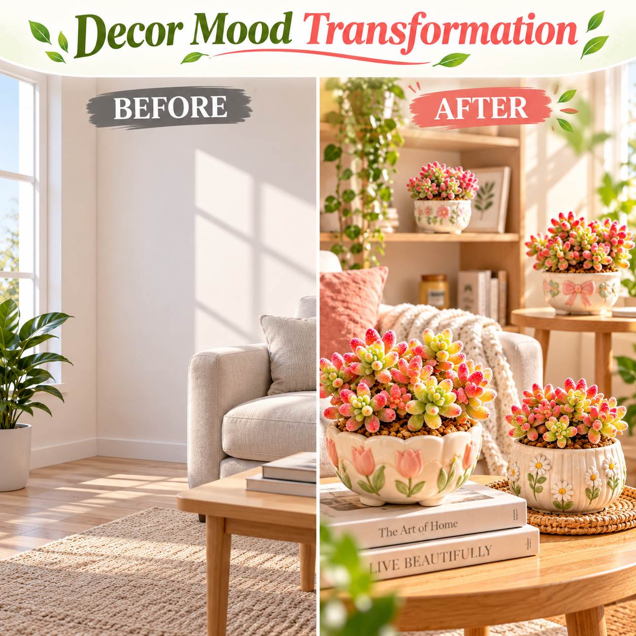 Before and after decorative room styling with Rice Crystal Succulent arrangements