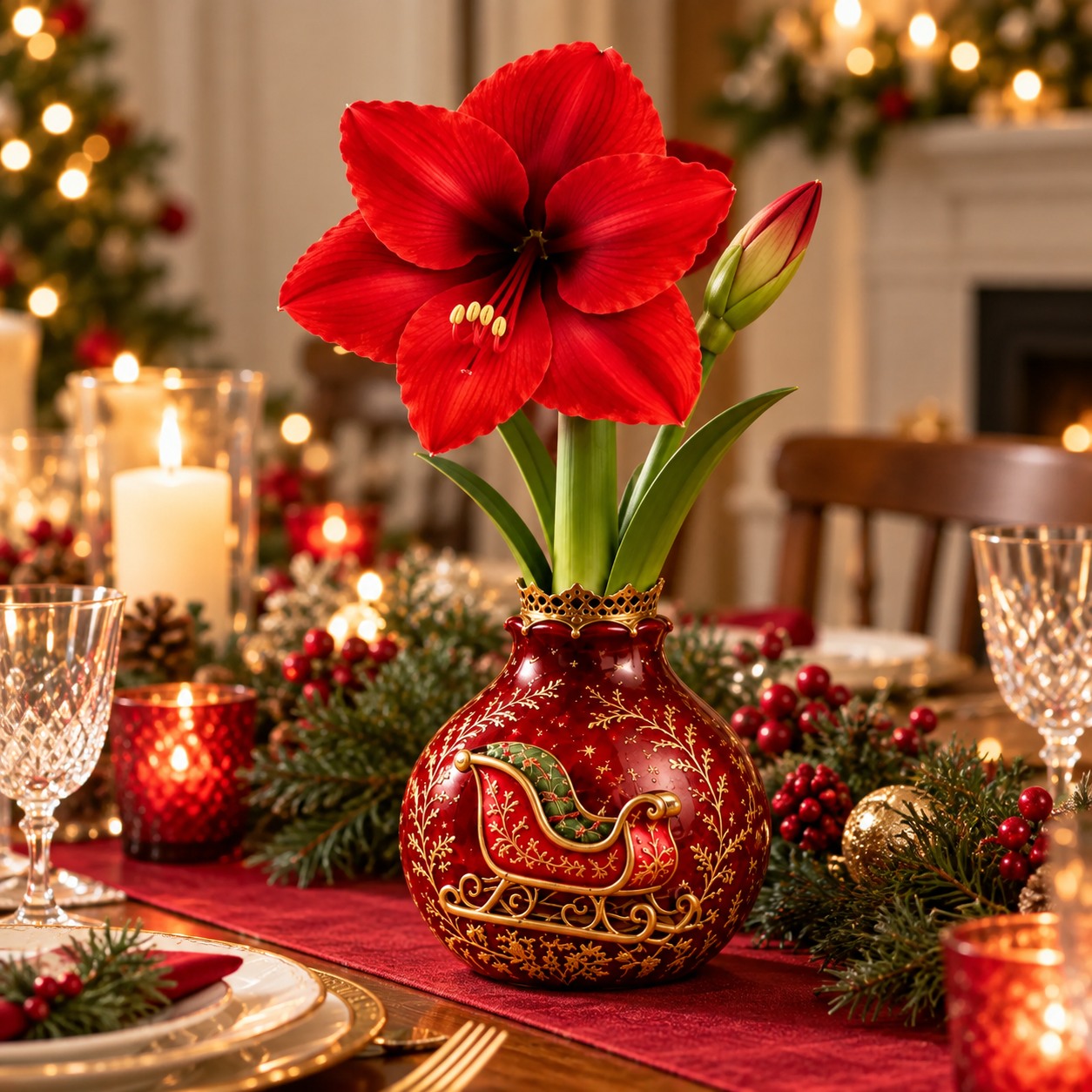 Red Amaryllis Christmas centerpiece