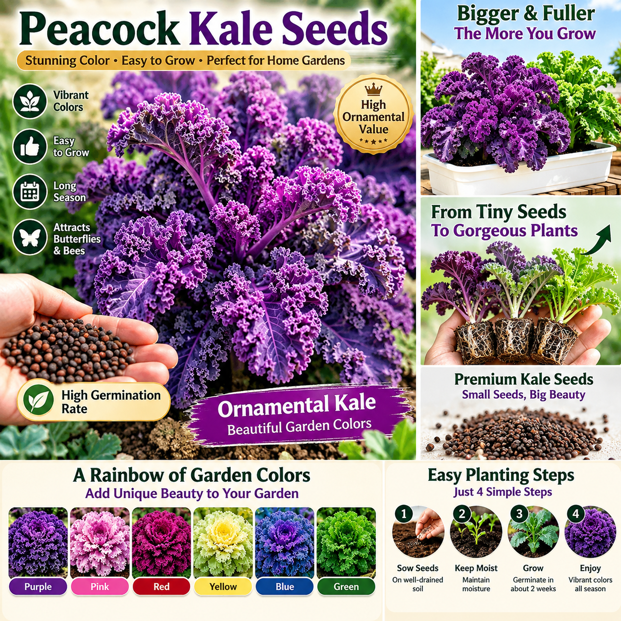 Ornamental & Edible Green and Purple Kale Seeds