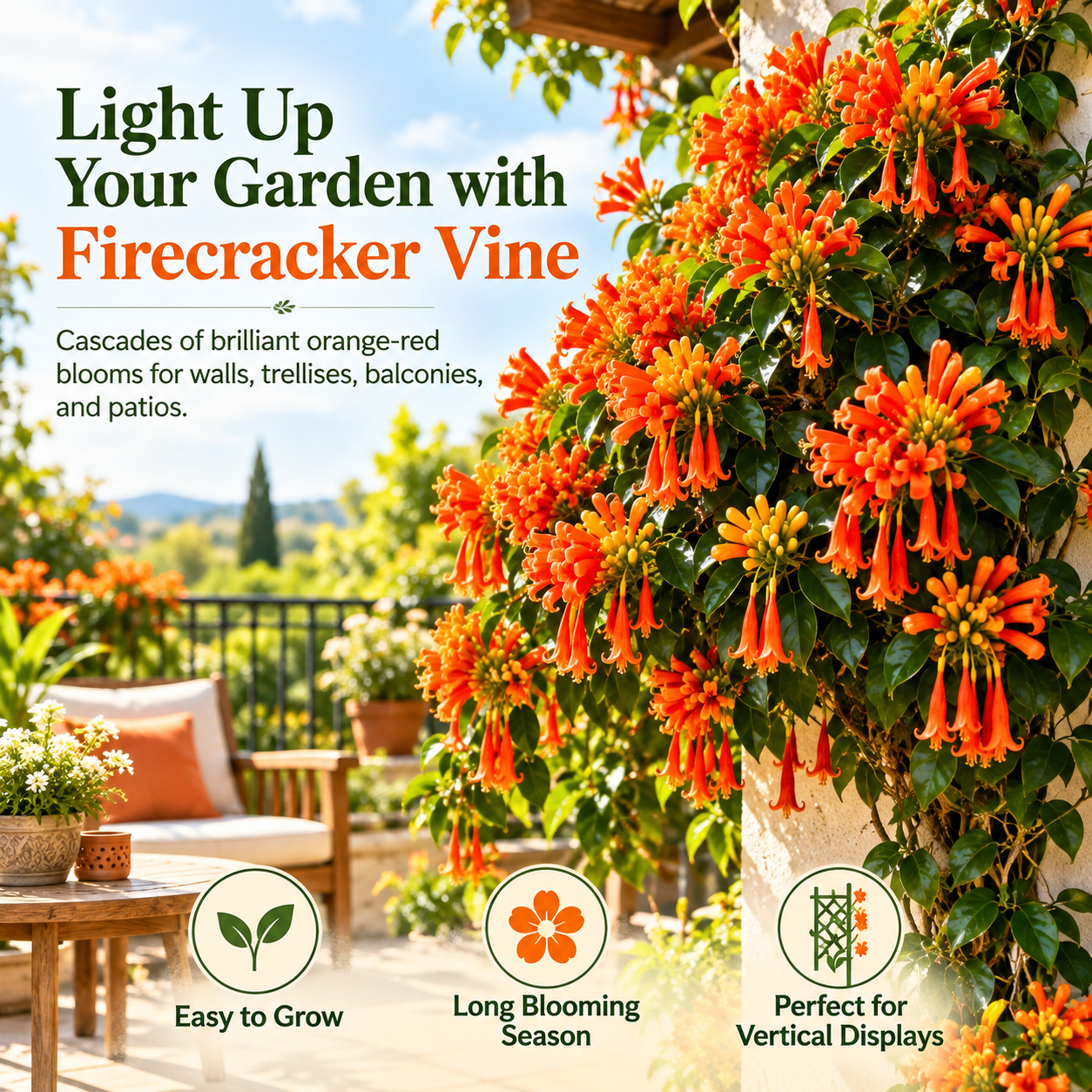 🧨 Firecracker Vine (Pyrostegia venusta) Climbing beauty, explosive blooms—perfect for walls & balconies!