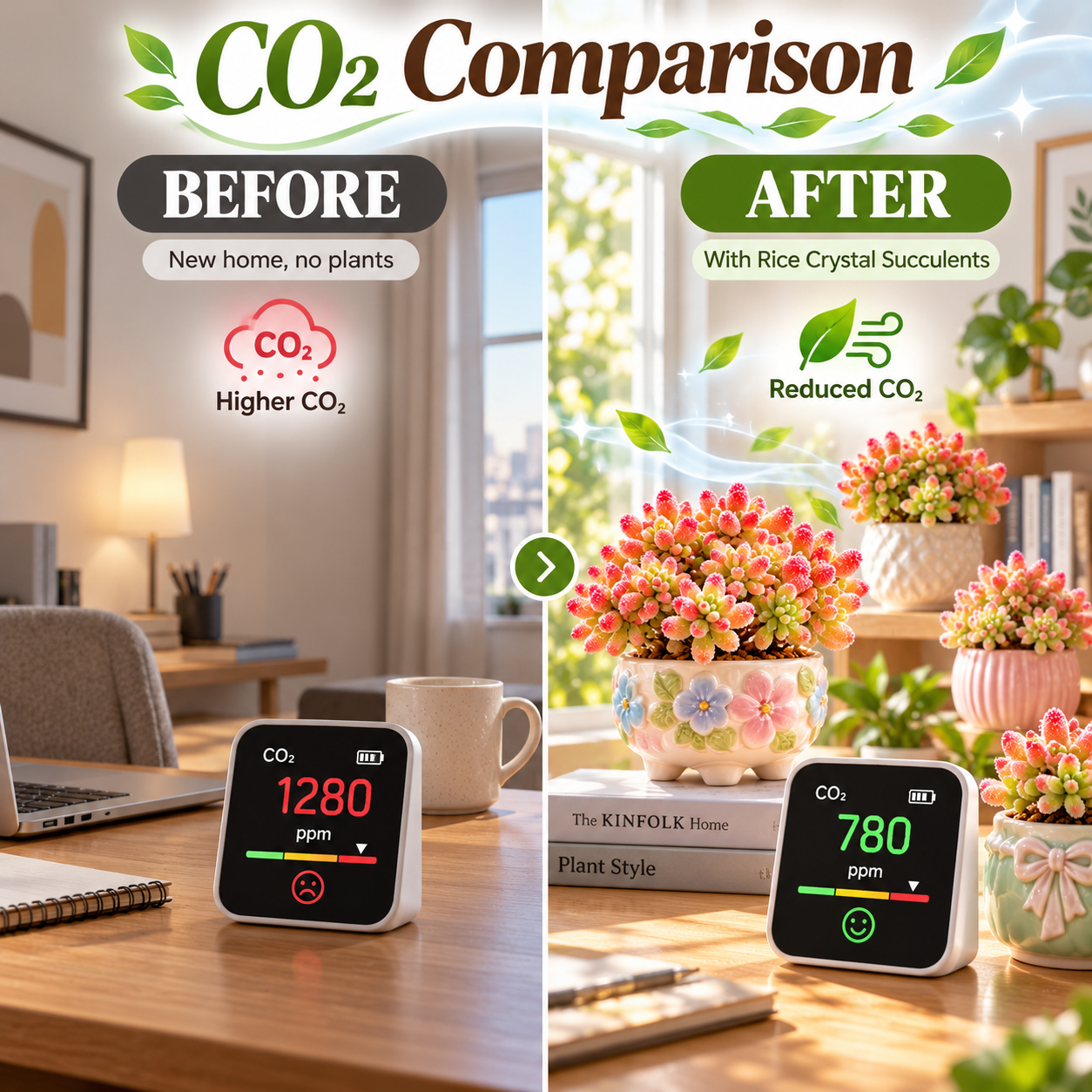 Illustrative CO2 before and after monitor comparison with small potted succulents