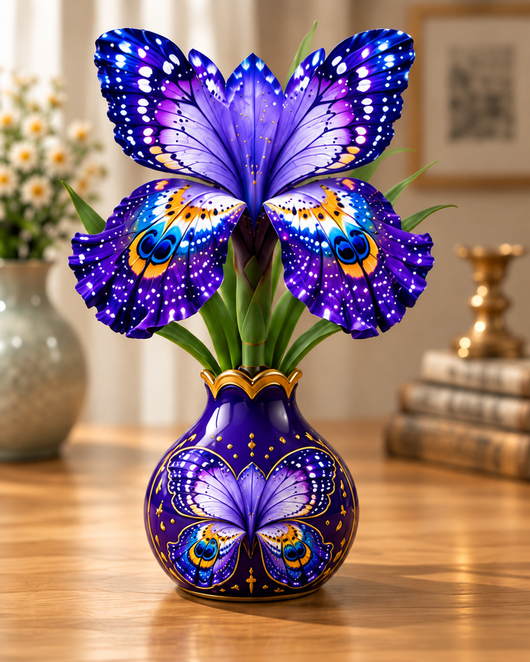 Purple butterfly-inspired floral artwork in a decorative vase