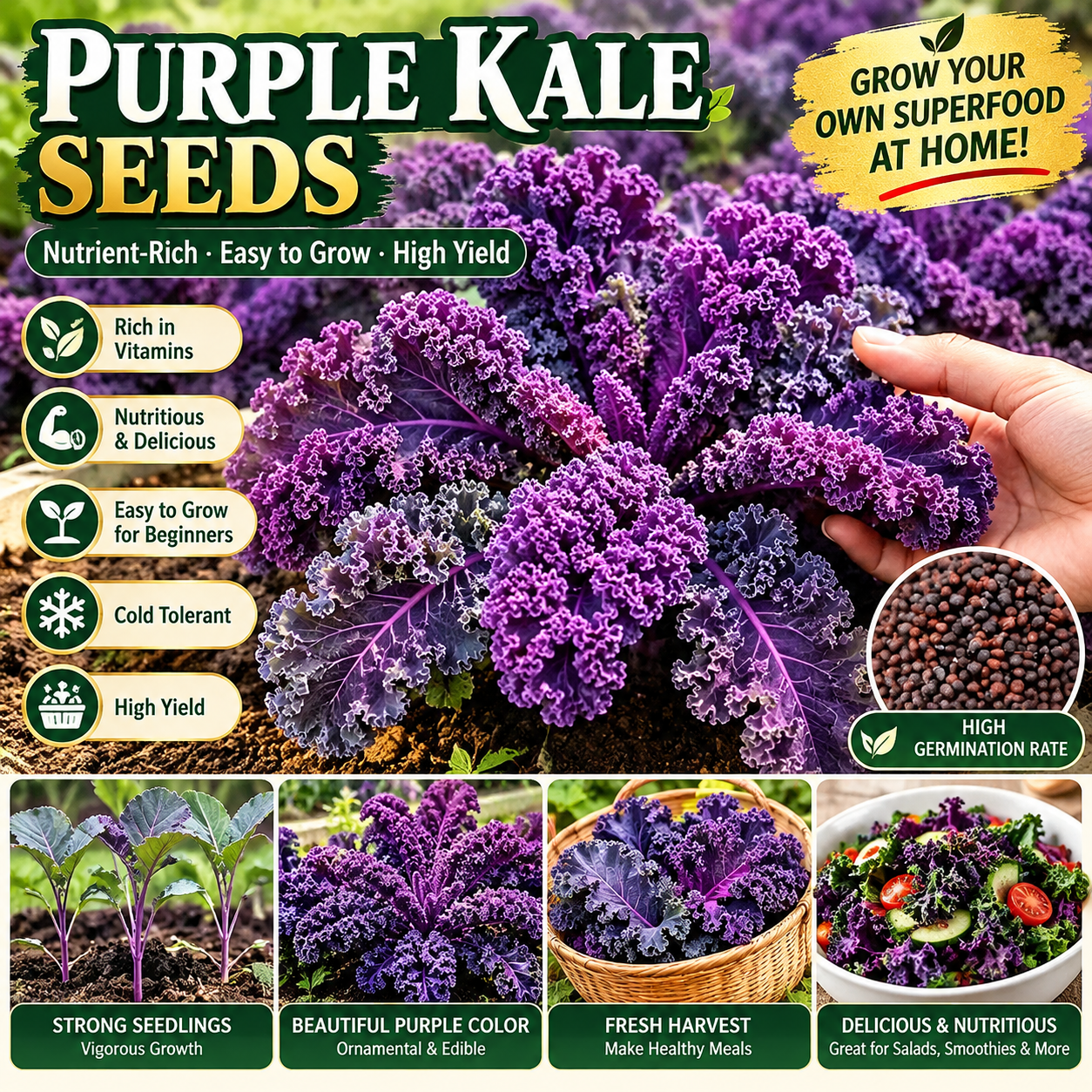 Ornamental & Edible Green and Purple Kale Seeds