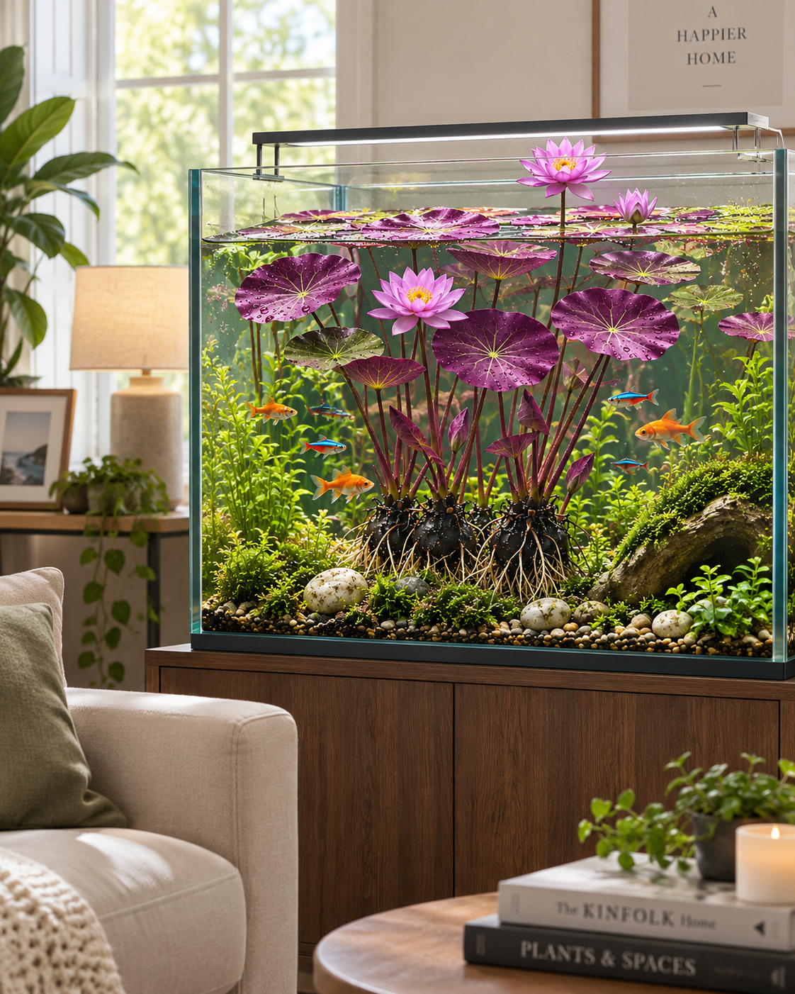 Hydroponic aquarium plant display in a cozy living room