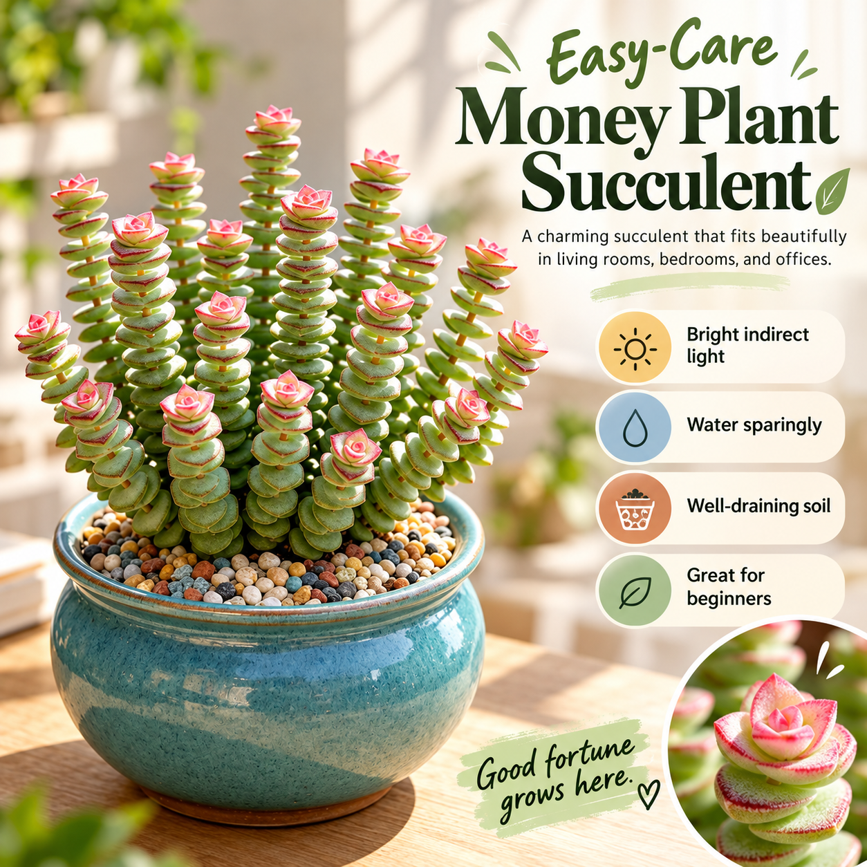 🌸💗 Pink Crown String of Buttons – A Cute Succulent Stack Topped With Soft Pink! 🌿