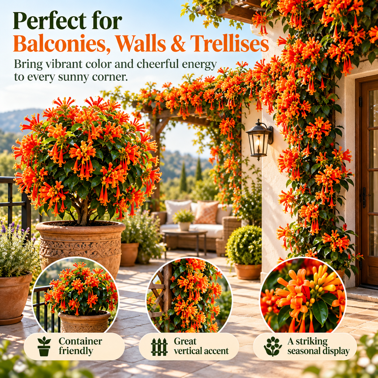 🧨 Firecracker Vine (Pyrostegia venusta) Climbing beauty, explosive blooms—perfect for walls & balconies!
