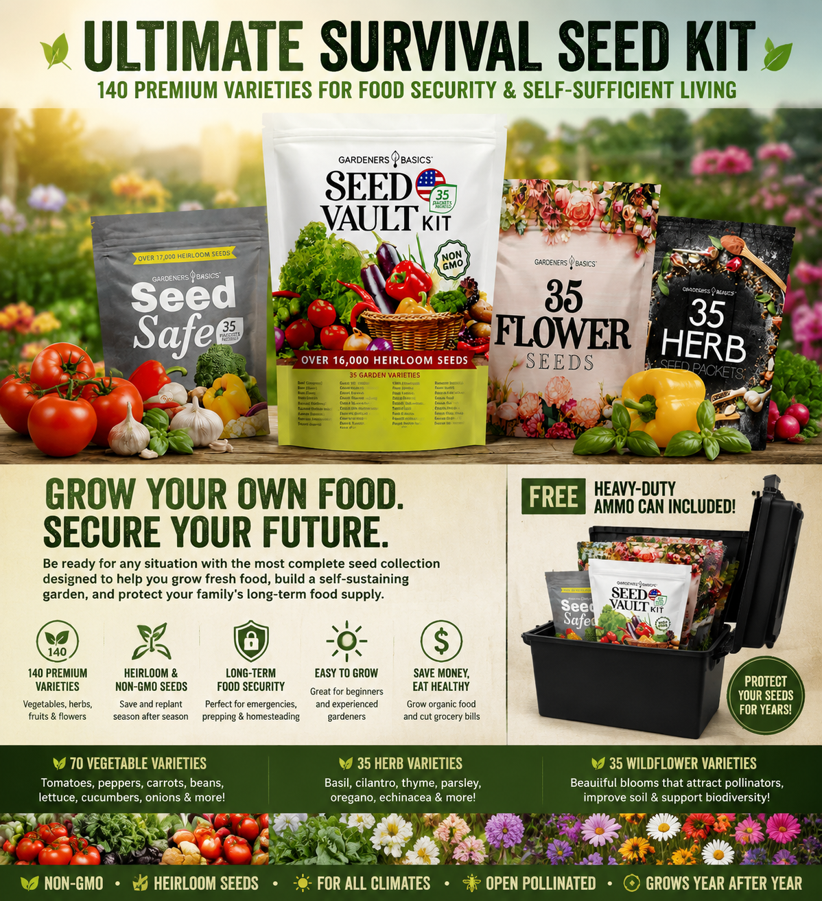 Ultimate Survival Seed Kit: 140 Varieties for Self-Sufficient Gardens & Food Storage Home Planting Open Pollinated Seeds Premium Lawn Seeds