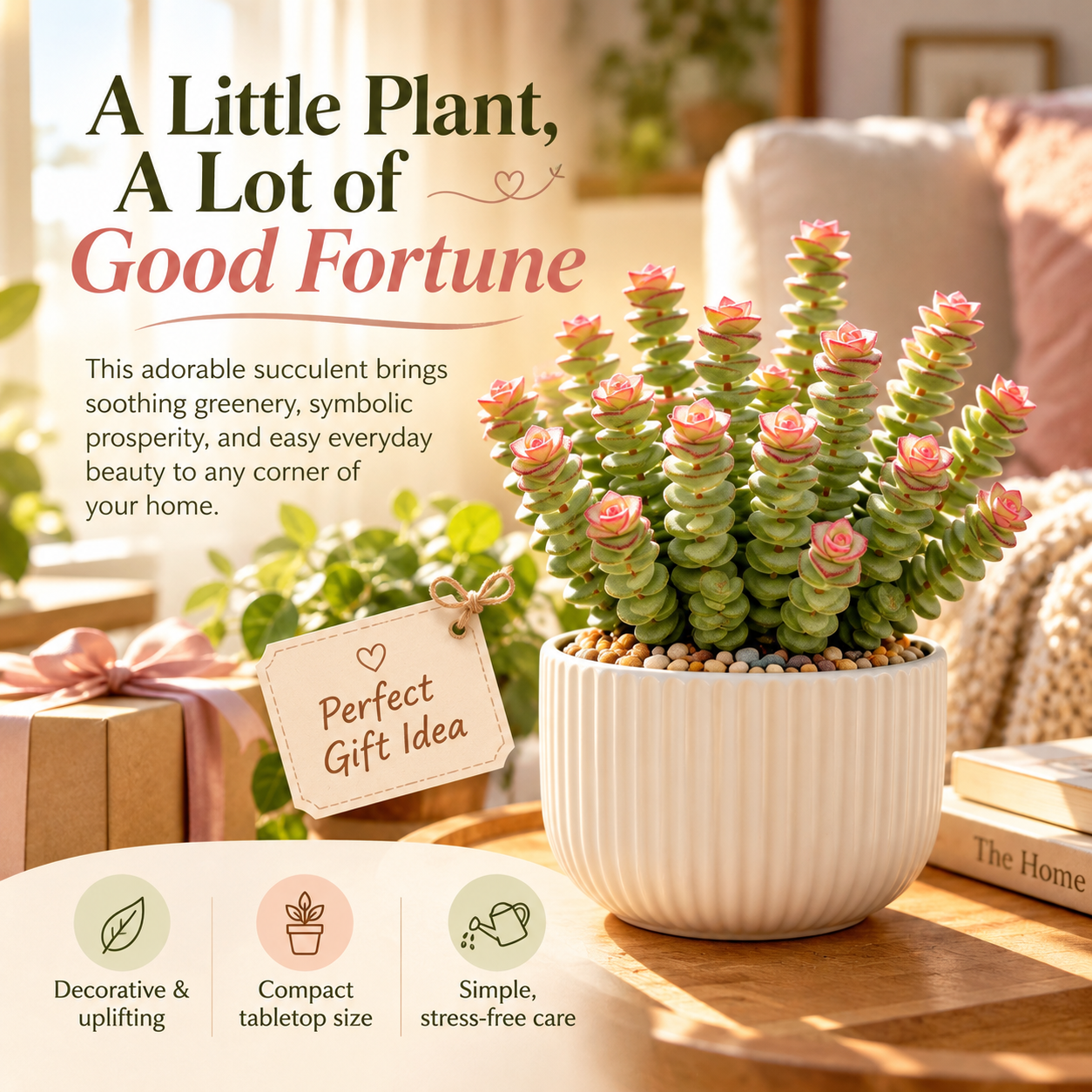 🌸💗 Pink Crown String of Buttons – A Cute Succulent Stack Topped With Soft Pink! 🌿