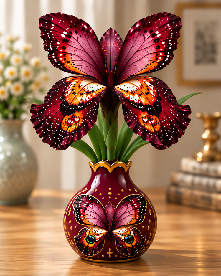 Burgundy Red butterfly-inspired floral design illustration