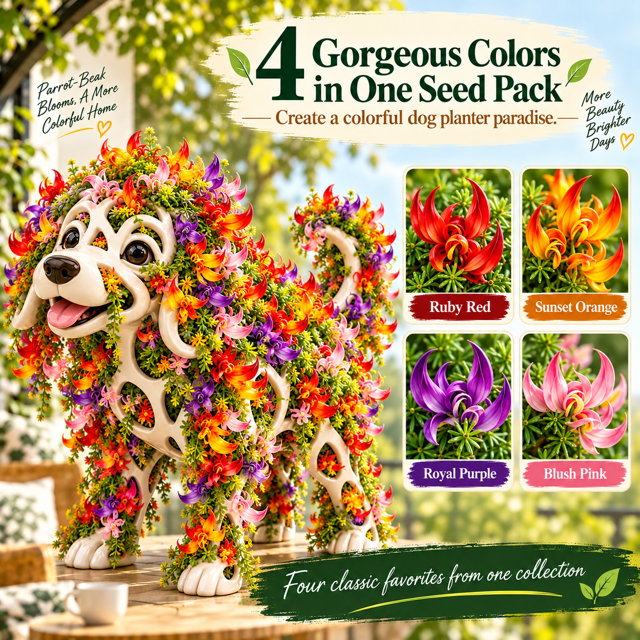 Parrot's Beak flower-covered dog display