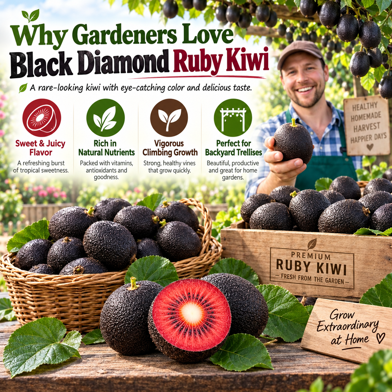 🥝Black Diamond Ruby Kiwi Seeds – Sweet, Nutrient-Rich & Easy to Grow at Home