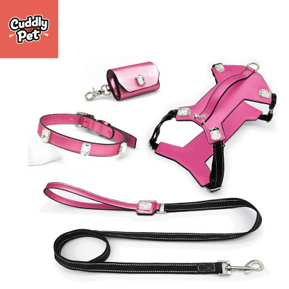 Sparkle & Safety Crystal-Studded Leather Harness Set - Reflective, Adjustable, Waterproof for Small to Large Dogs (XS-XL)/Pink