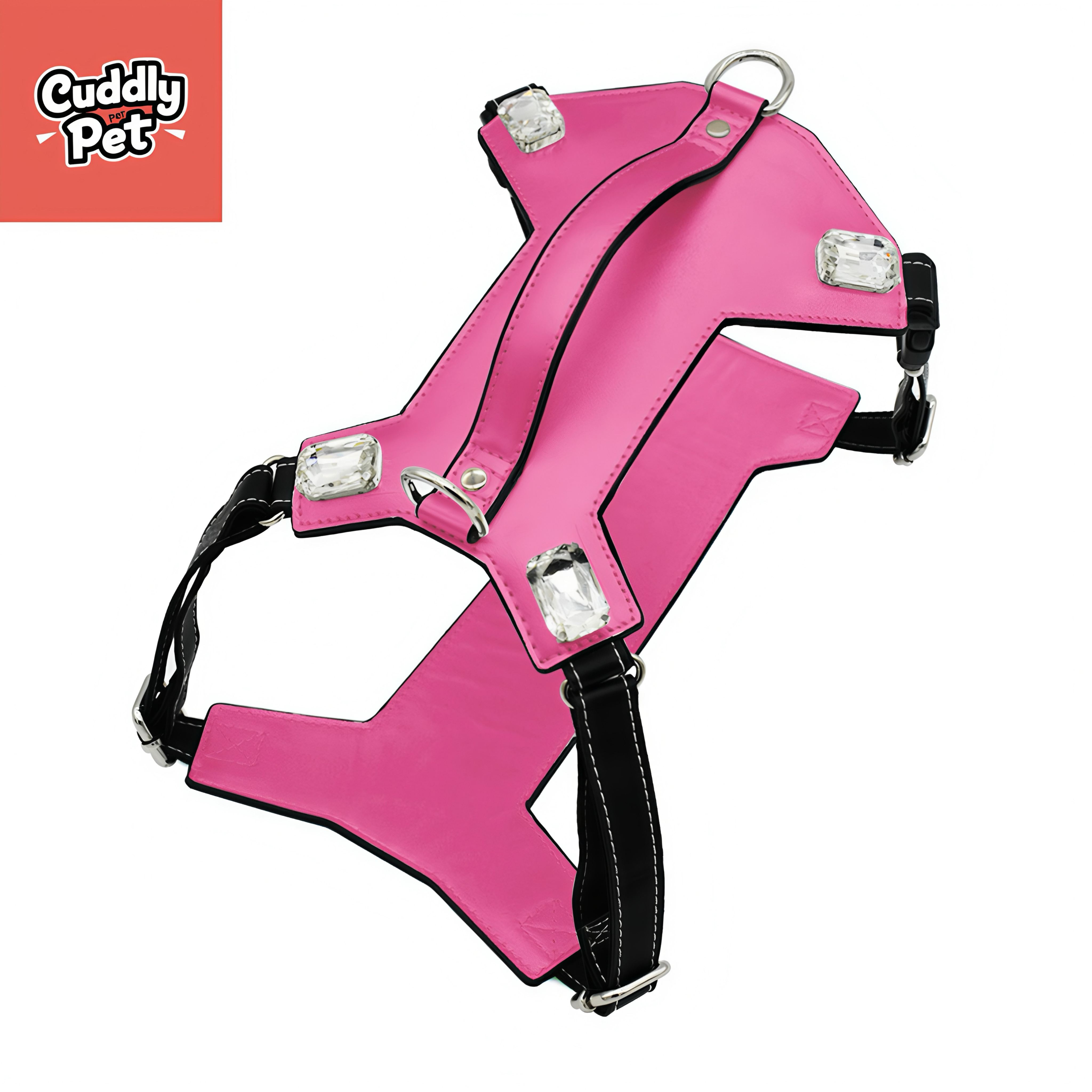 Sparkle & Safety Crystal-Studded Leather Harness Set - Reflective, Adjustable, Waterproof for Small to Large Dogs (XS-XL)/Pink
