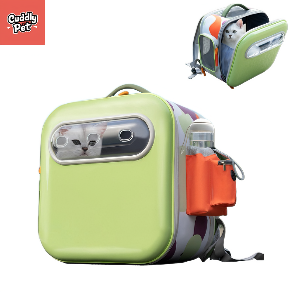 Ventilated Pet Carrier Backpack with Hidden Window - Large Airflow Cat & Small Dog Carrier, EVA Back Support, Water-Resistant, Travel Friendly