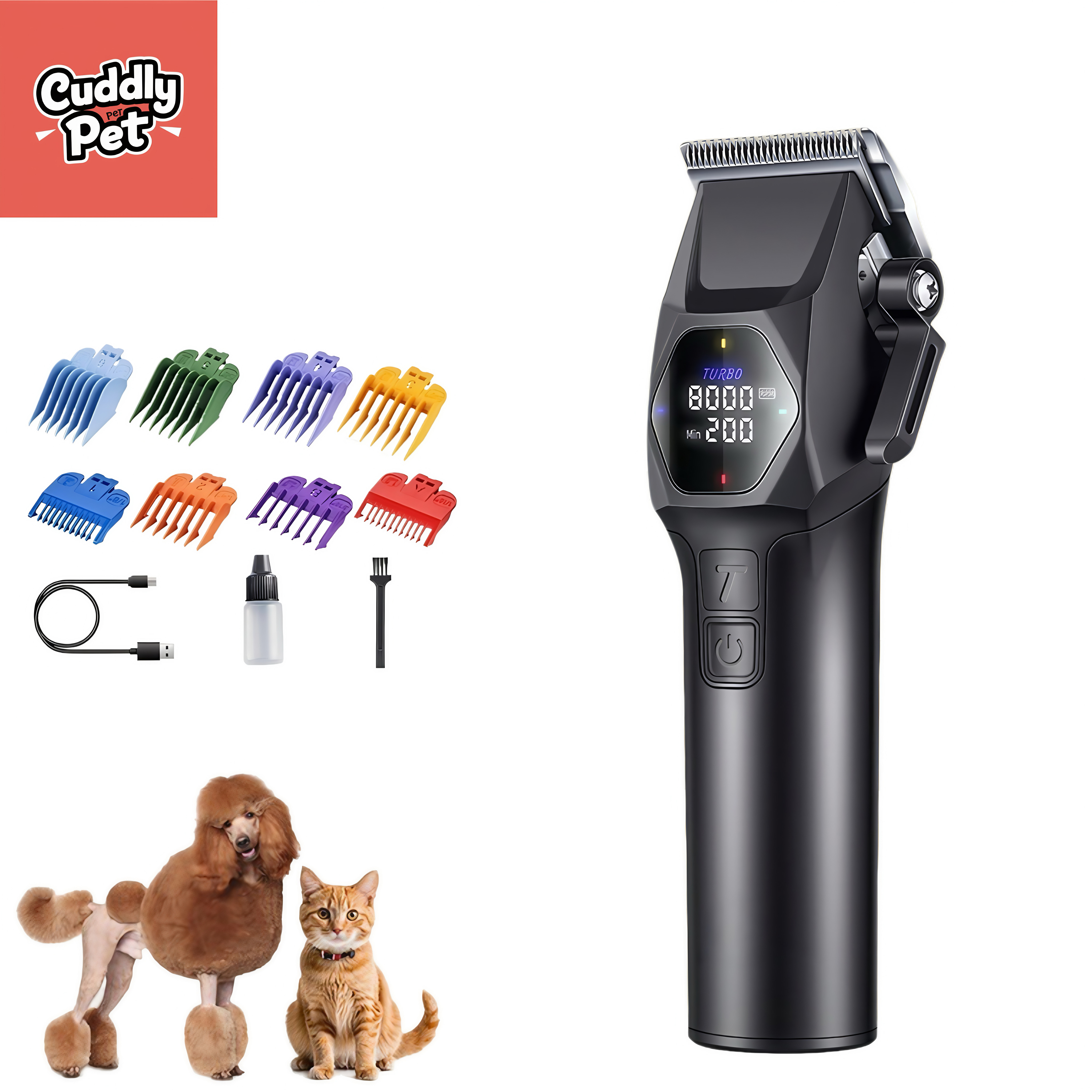 Professional 8000RPM Dog Clipper for Large Dogs & Cats - Cordless Rechargeable Trimmer with 4 Speeds, LCD Screen, 8 Guides & Type-C Charging