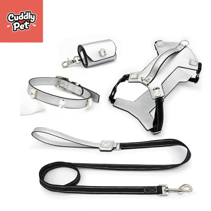 Sparkle & Safety Crystal-Studded Leather Harness Set - Reflective, Adjustable, Waterproof for Small to Large Dogs (XS-XL)/Silver