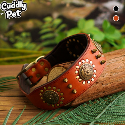 Handmade Genuine Cowhide Leather Dog Collar - Retro Protective Studded Design with Adjustable Sizing (XS-XXL)