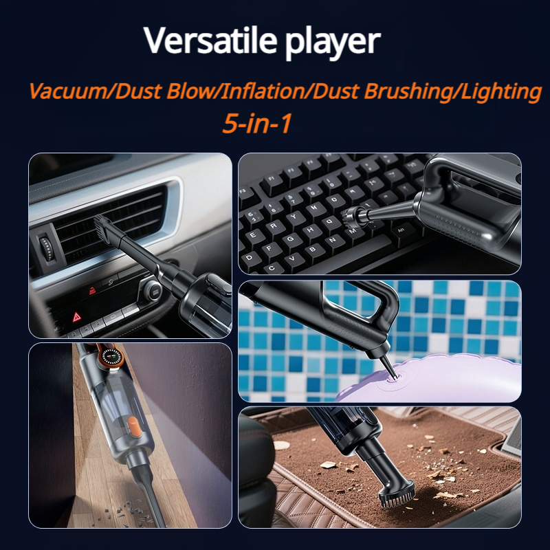 Cordless Handheld Vacuum Cleaner, 17000PA Strong Suction, 2-Stage Power, 5-in-1 Multi-Function (Suck/Blow/Charge/Brush/LED Light), Car & Home Use, with LCD Display