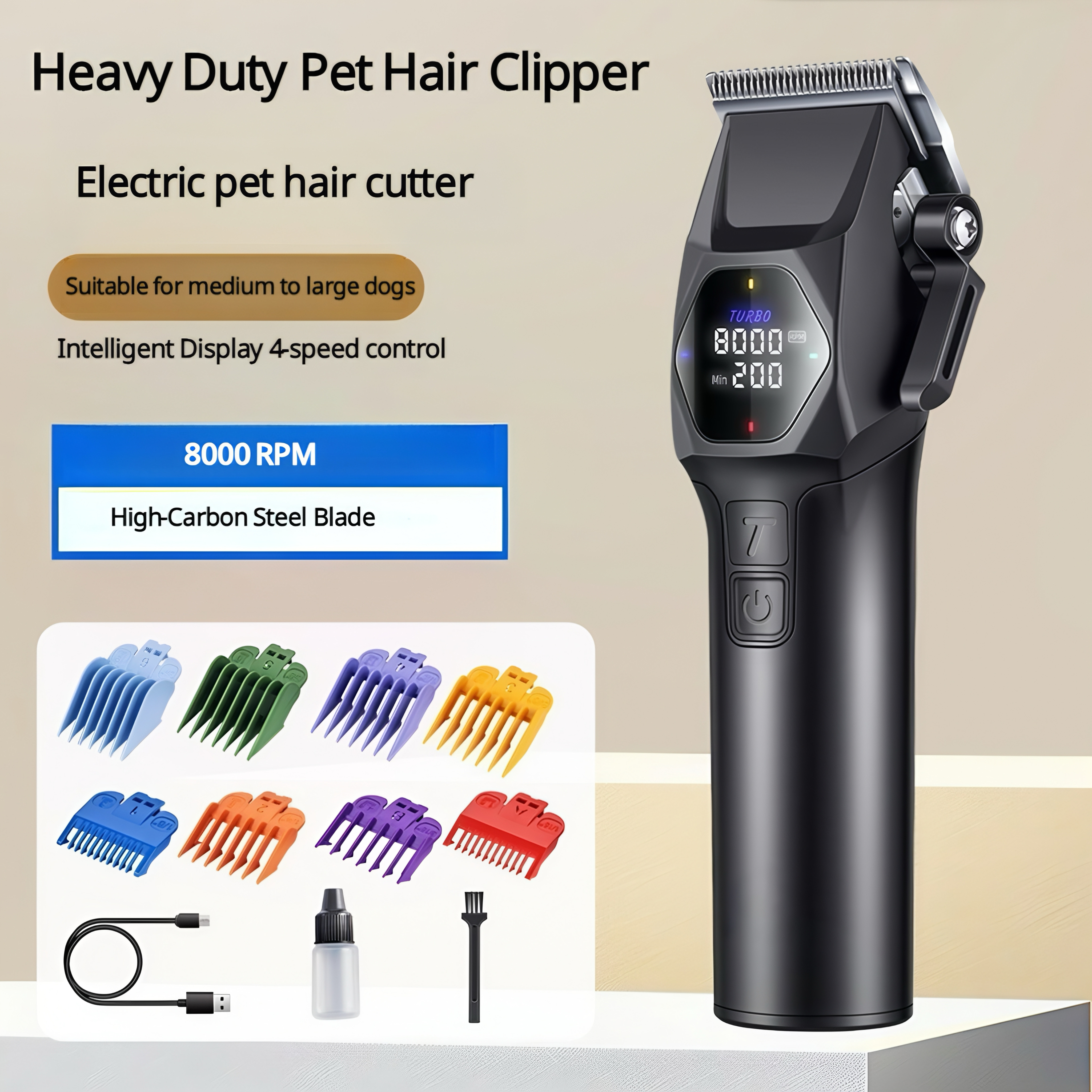 Professional 8000RPM Dog Clipper for Large Dogs & Cats - Cordless Rechargeable Trimmer with 4 Speeds, LCD Screen, 8 Guides & Type-C Charging