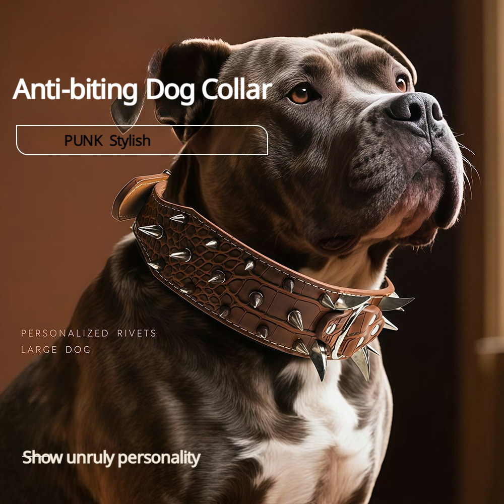 Bully Breed Heavy Duty Spiked Collar - Puncture Proof, Anti-Pull, Metal Rivets for Large/X-Large Dogs (M-XXL Sizes, Black/Gold/Brown/Red)