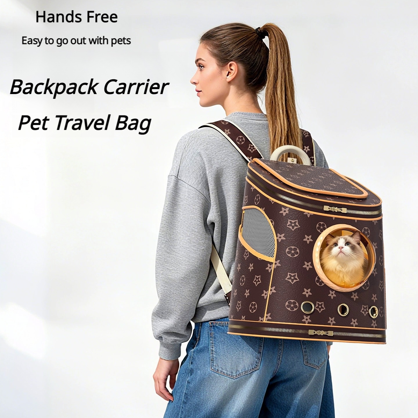 Luxury Leather Cat Backpack Carrier - 3-Side Ventilation, Spacious & Escape-Proof, Hands-Free Travel for Pets Up to 15lbs