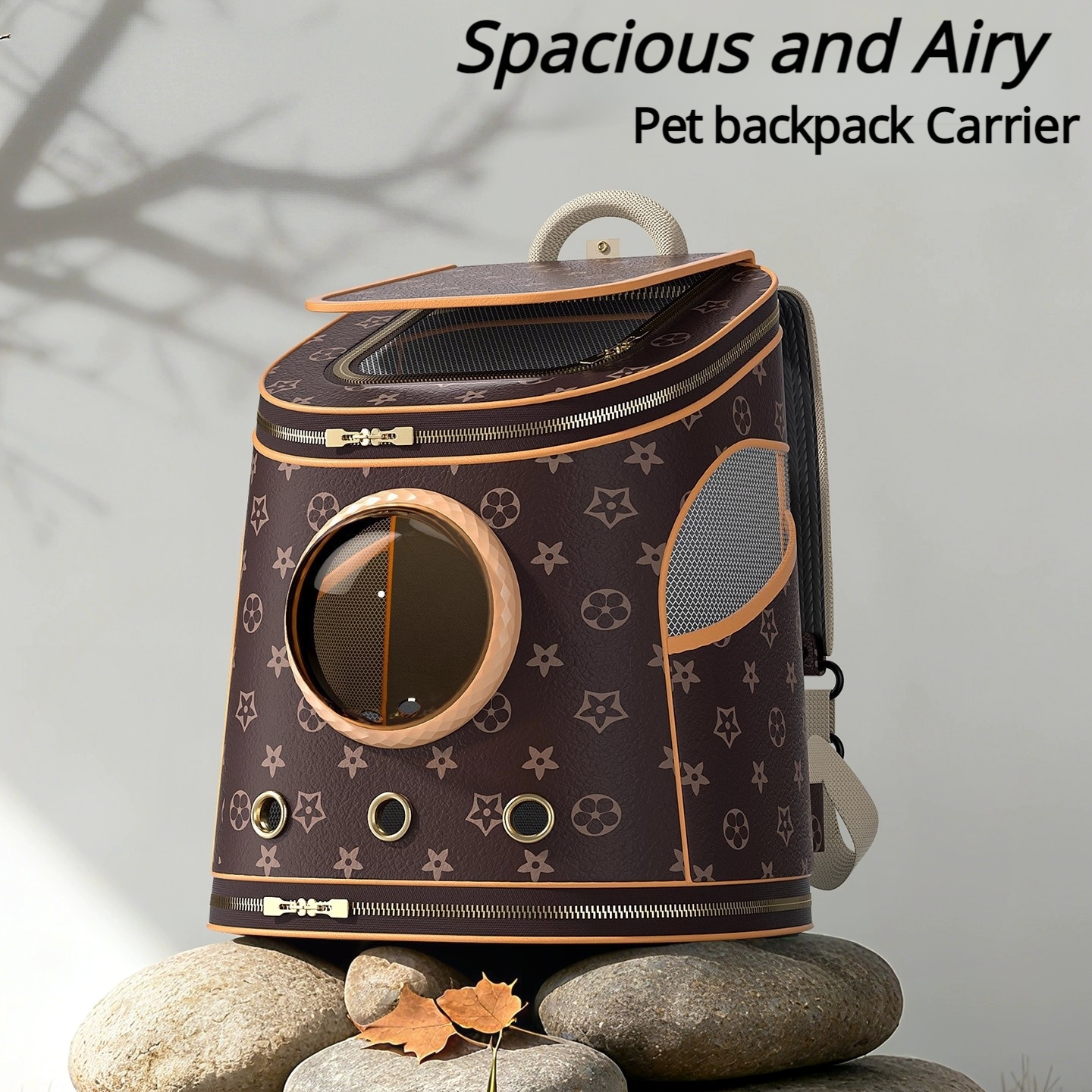 Luxury Leather Cat Backpack Carrier - 3-Side Ventilation, Spacious & Escape-Proof, Hands-Free Travel for Pets Up to 15lbs