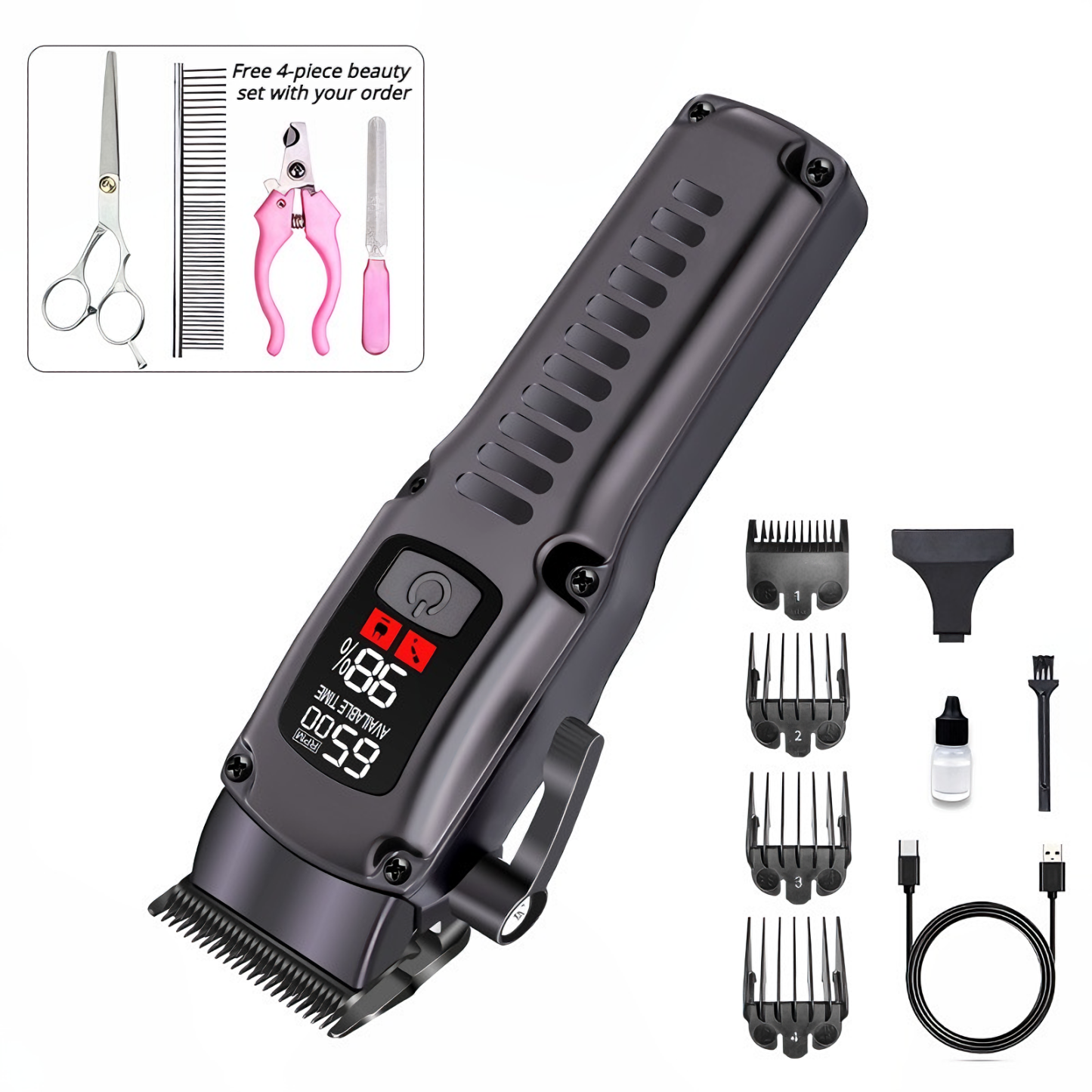 Professional USB Rechargeable Pet Grooming Clipper – 4-Speed, Low Noise, with 4 Combs for Dogs & Cats  