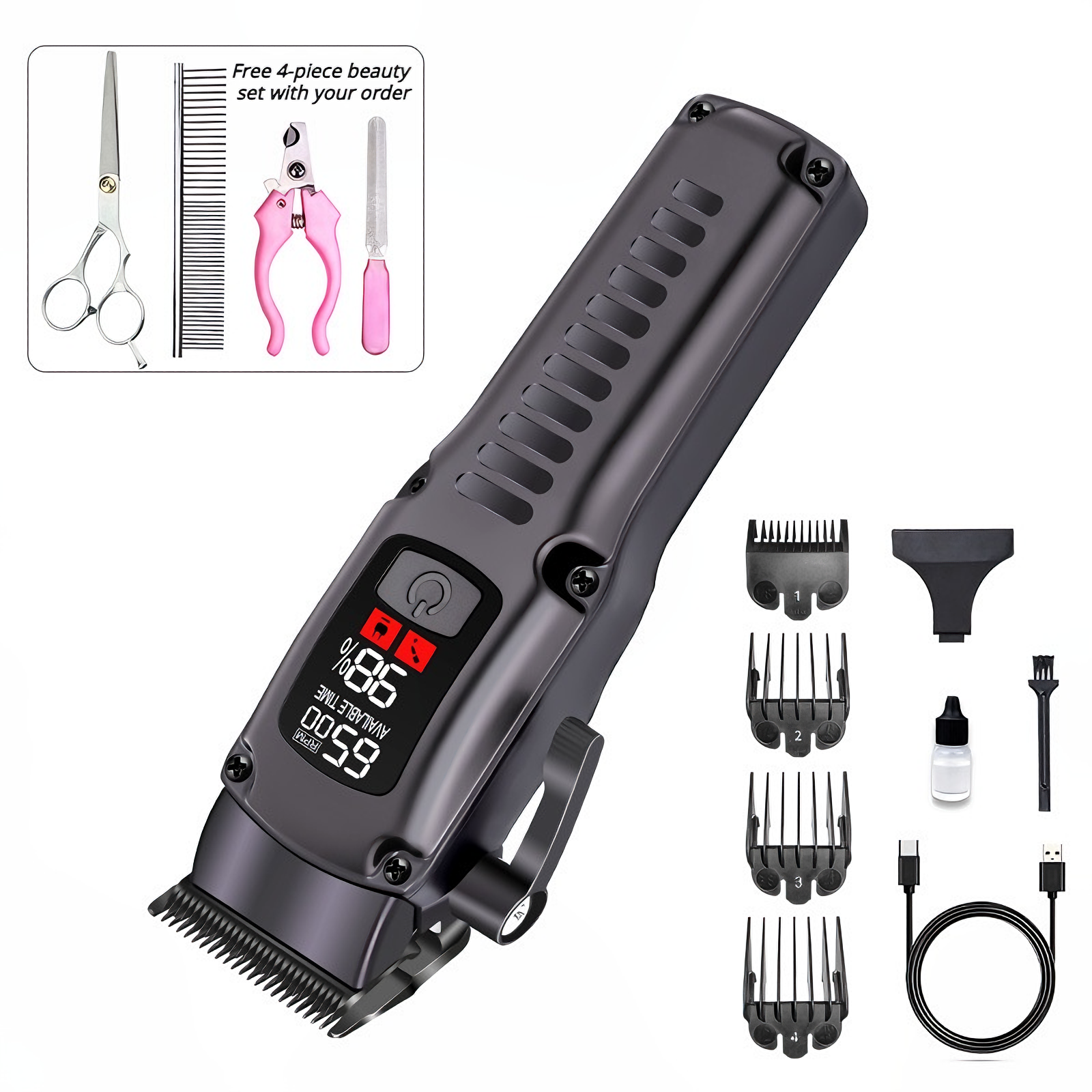Professional USB Rechargeable Pet Grooming Clipper – 4-Speed, Low Noise, with 4 Combs for Dogs & Cats  
